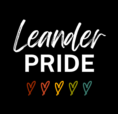 White lettering that reads "Leander Pride" on solid black background with rainbow colored hearts.